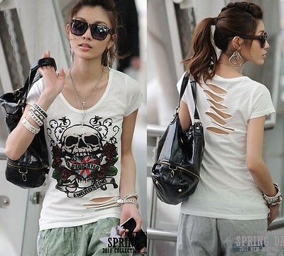 Summer Women Cut Out Fringe Hollow Front Back Skull Tee Top T Shirt 