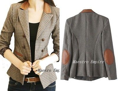   Faux Leather Collar Elbow Patch Lattice Check Plaid Blazer Suit