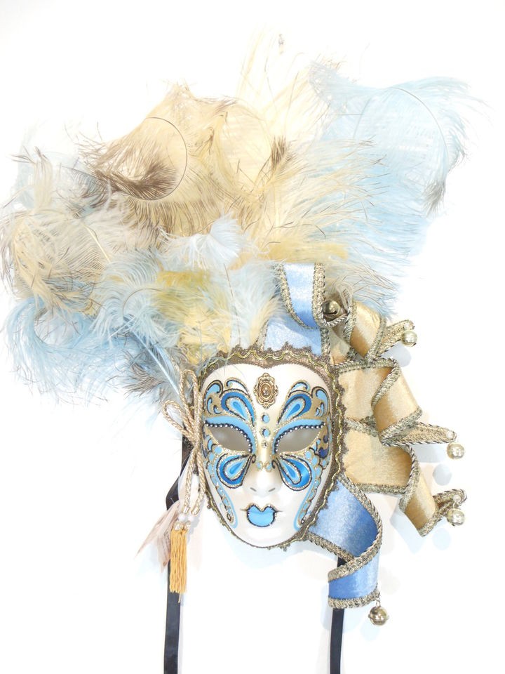 LIGHT BLUE TAN FEATHER BUTTERFLY FEMALE VENETIAN MASQUERADE MARDI GRAS 