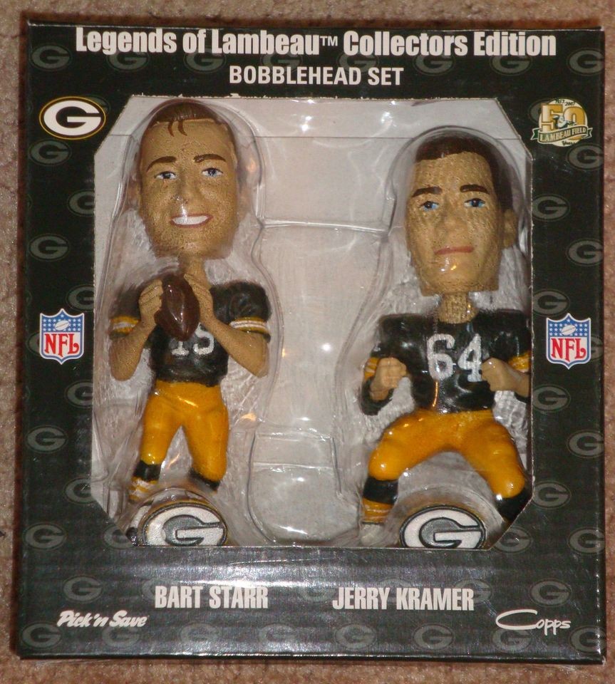   PACKERS LEGENDS OF LAMBEAU BOBBLE HEADS BART STARR JERRY KRAMER NWB