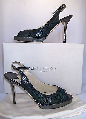 665 JIMMY CHOO NOVA Blue anthracite GLITTER peep toe heels slingback 