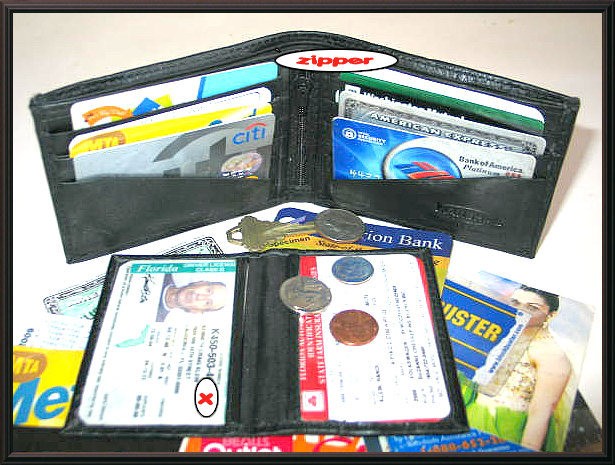 Leather 2 Fold COWHIDE WALLET 9CC+2ID FlipUp+2 Zips+Pic+Key+R​emove 