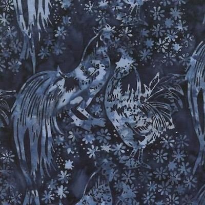 roosters and hens cotton batik fabric in indigo blue