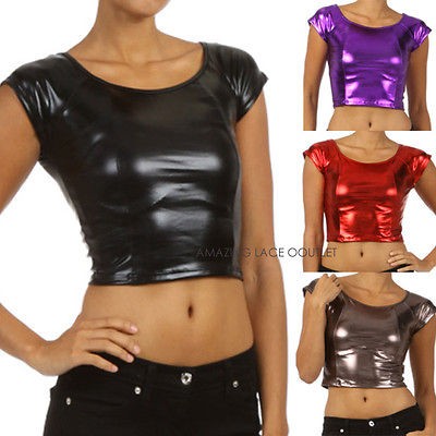 Liquid Crop Top Metallic Tank High Waist Belly Shirt 80s Dance Apparel 