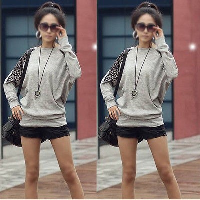 grey Korea Casual Long Sleeve Round Neck Loose Top Leopard T Shirt 