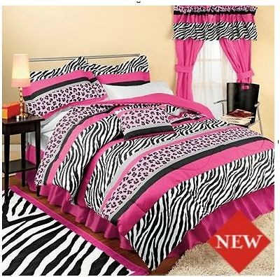   ZEBRA LEOPARD PINK BLACK STRIPE JUNGLE COMFORTER/SHEE​TS SET 8PCS