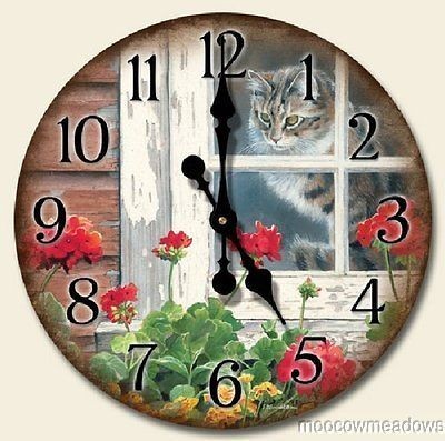 New CAT & FLOWERS WALL CLOCK Gray Kitty Red Geranium Print SPRING 