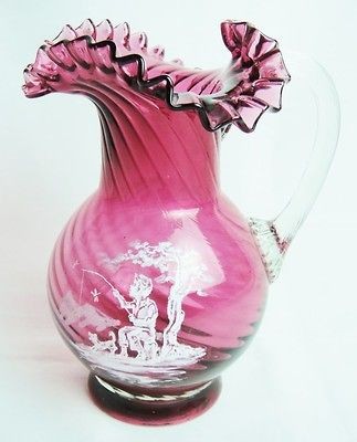 Cranberry Glass Mary Gregory Hand Blown Ruffle Pitcher Boy Fishing 