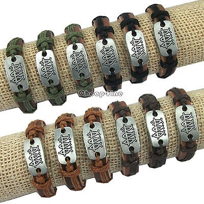   12pcs Silver tone Fashion Pattern Charm Hemp Genuine Leather Bracelet