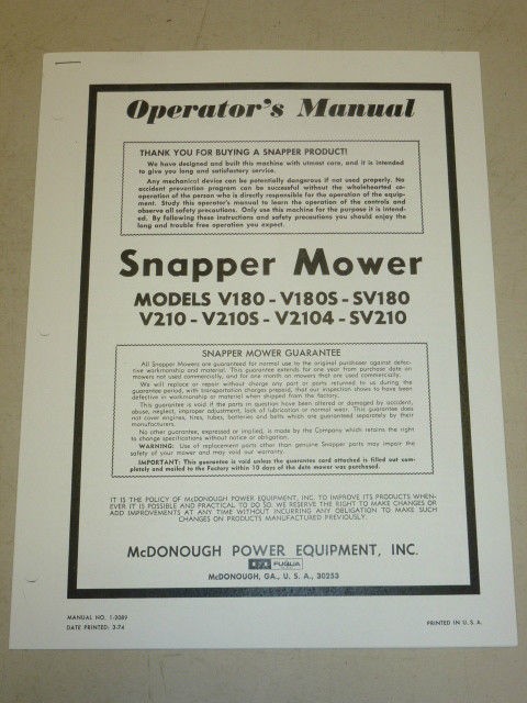 SNAPPER V180 V180S SV180 V210 V210S V2104 SV210 MOWERS PARTS MANUAL 