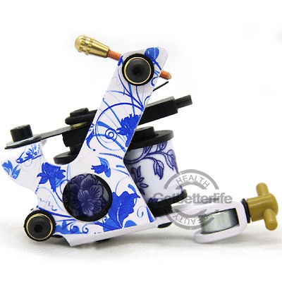 Top Tattoo Machine Gun Blue and White Porcelain 8 Wrap Coils for 