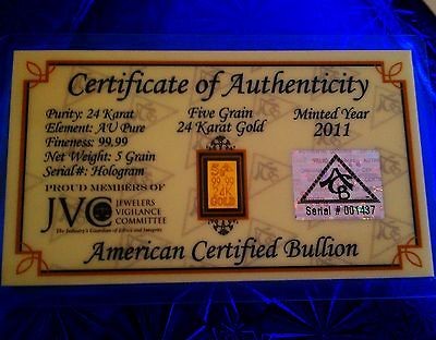 GOLD AU Pure 99.99 FINE 24K GOLD Precious Metal 5 Grain ACB Bullion 