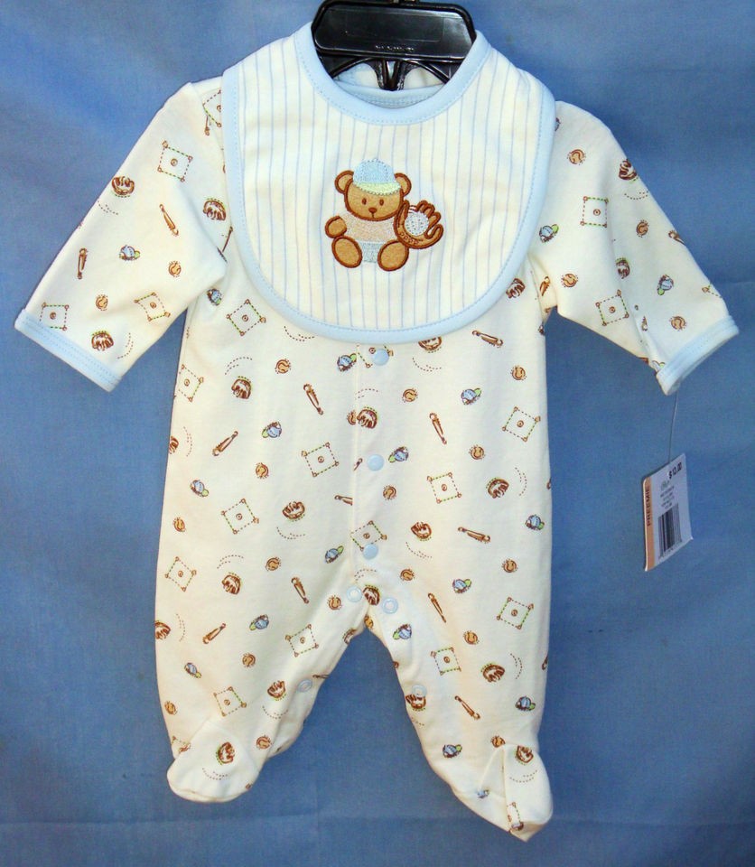 LITTLE ME 100% Cotton Ivory Footie w/Baseball Teddy Bear BOY SIZE 