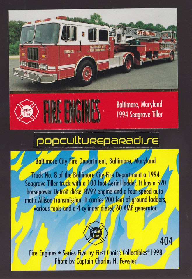   TILLER 100 AERIAL LADDER FIRE TRUCK ENGINE CARD Baltimore, MD