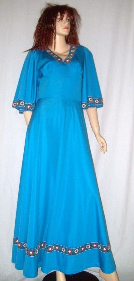 vintage 70s blue long folk butterfly maxi dress 10 imac