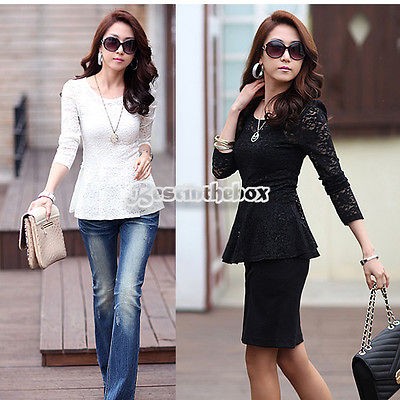 2012 New Sexy Womens Lace Top Long Sleeve Slim Fit Swing Blouse With 