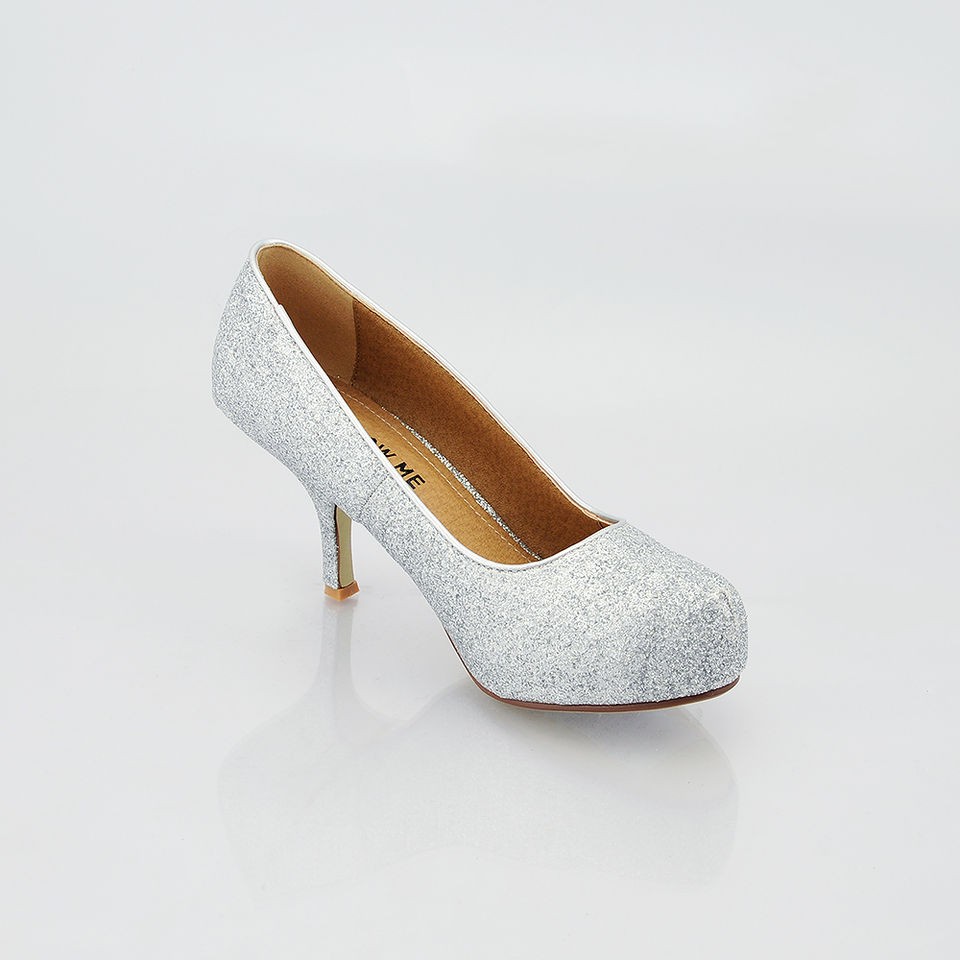 GLITTER WOMENS LADIES LOW MID HEEL PUMPS CONCEALED PLATFORM COURT 