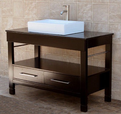   Vanity Cabinet Black Granite Top Ceramic Vessel Sink Faucet CG2