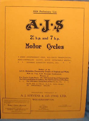 1924 A J S Motor Cycle Sales Manual Preliminary List For 2 3/4 hp 