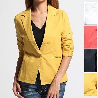 MOGAN S~3X Sleek Ruched 3/4 Sleeve SLIM JACKET Career Casual Linen 