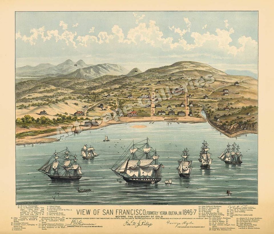 birds eye view of san francisco 1846 historic map 24x28