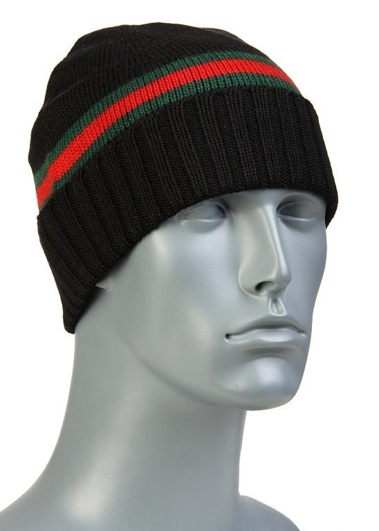 NEW GUCCI BLACK KNIT WOOL LOGO RED GREEN STRIPE BEANIE HAT M