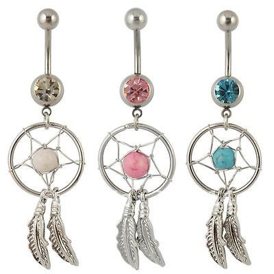 DREAMCATCHER GEM STAR & FEATHERS BELLY NAVEL RING CZ BUTTON PIERCING 