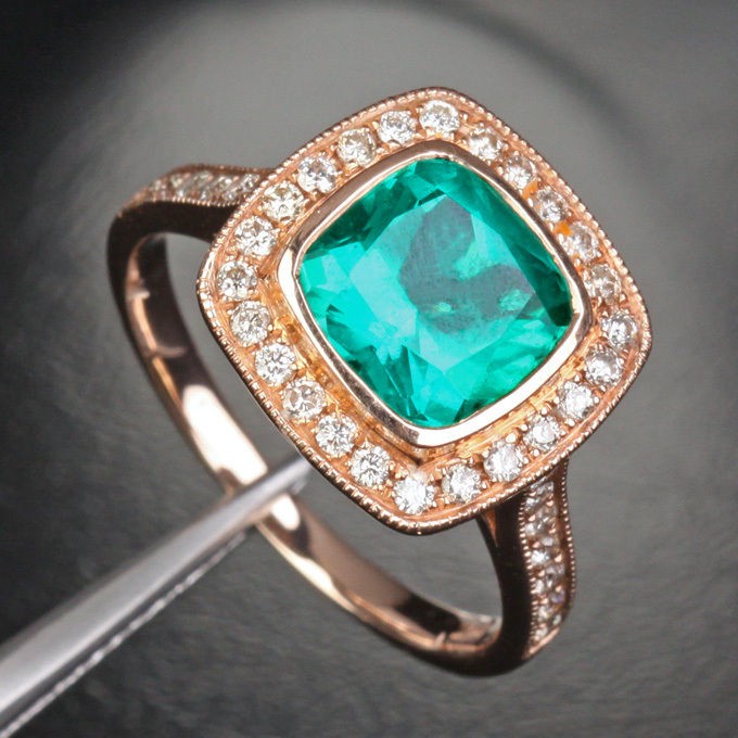 8mm Bezel EMERALD .45ct Pave DIAMOND 14K ROSE GOLD ENGAGEMENT Halo 