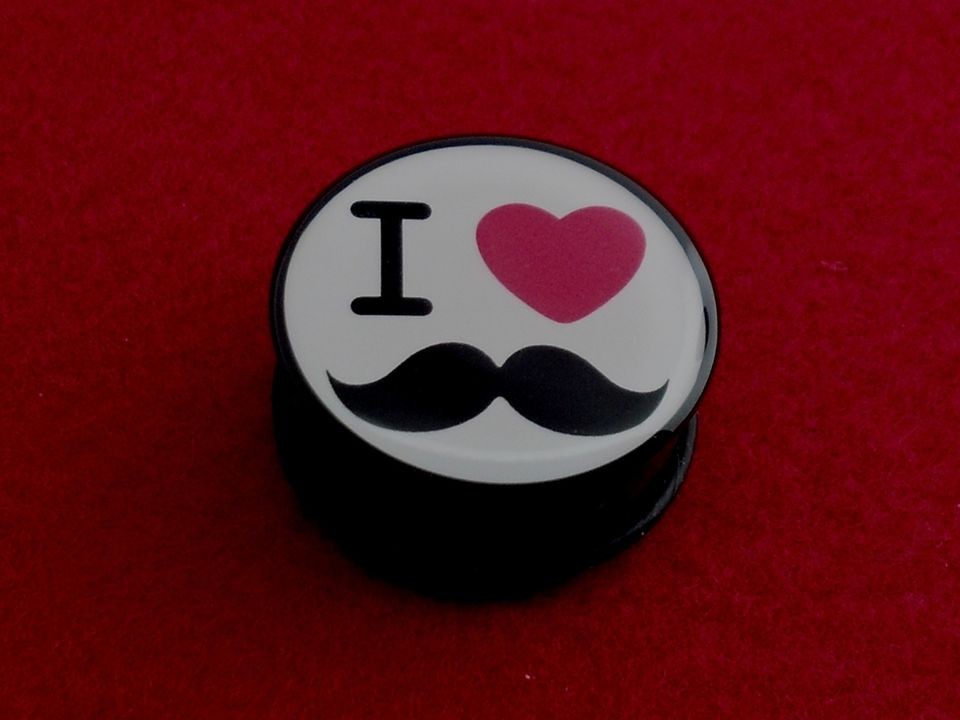 New Acrylic Single Flared  I Love Mustache  Logo Plugs.( 2 Gauge to 