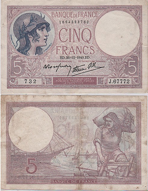 FRANCE CINQ FRANCS 1940 WORLD WAR 2 WOMEN WEARING HELMET P.83