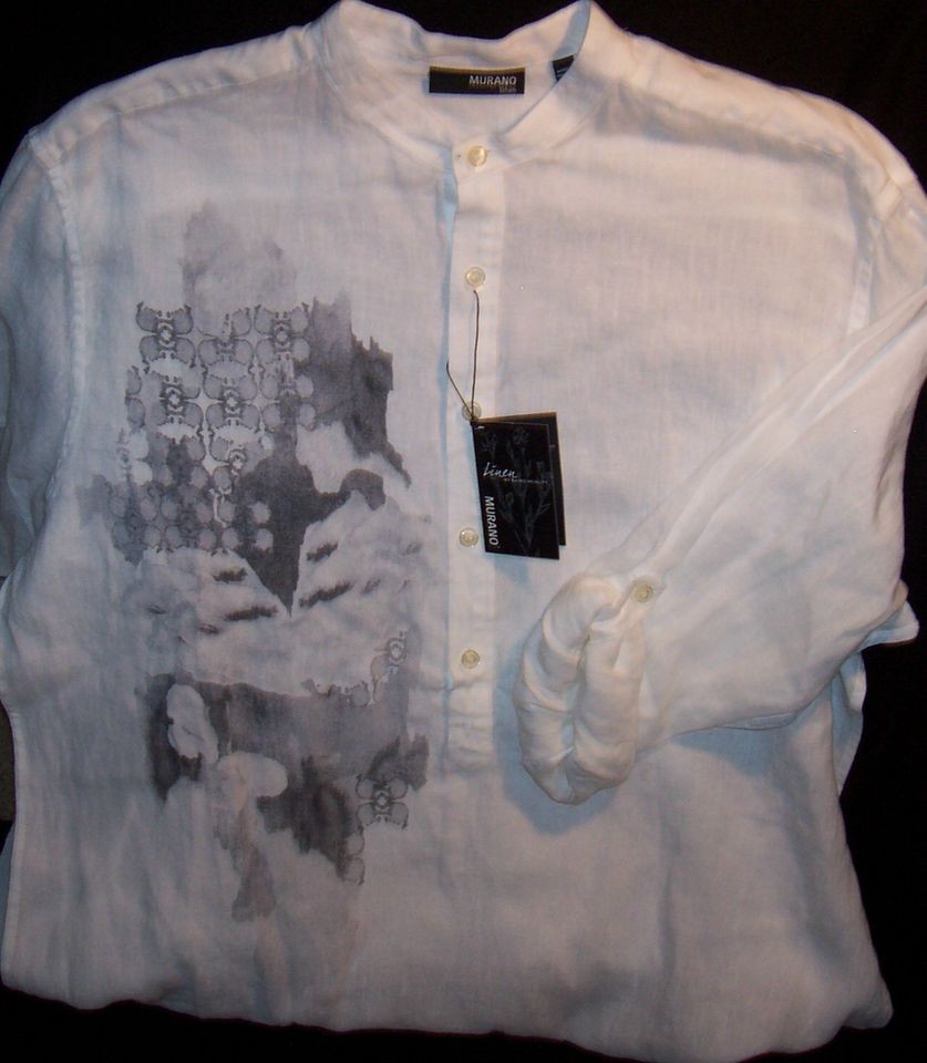 New Mens Murano L Linen Shirt Tunic Top White Smoke Gray L/S