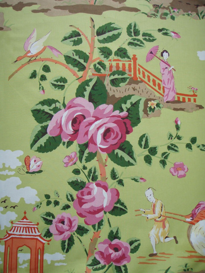   CURTAIN FABRIC DESIGN  China Rose 1 M PINK & ORANGE ON GREEN