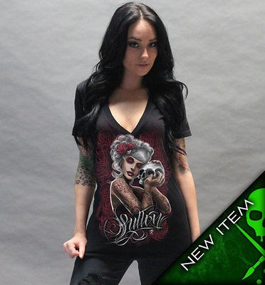 sullen angels mourning glory v neck t shirt blk