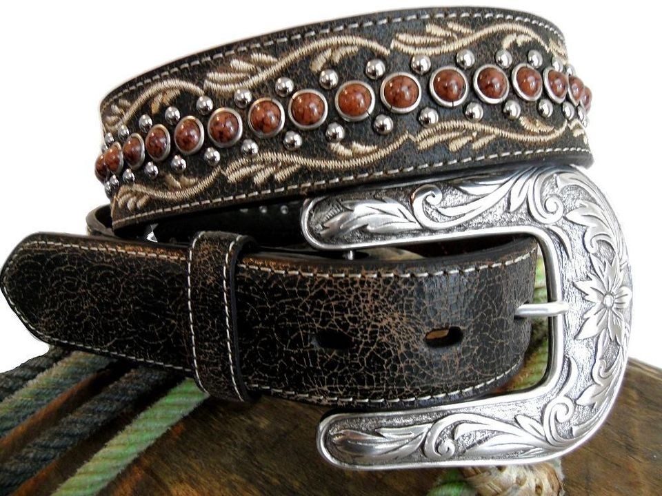 NOCONA WESTERN BROWN EMBROIDERY LEATHER LADIES BELT W/ BUCKLE