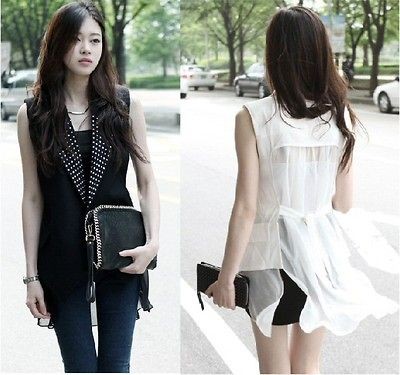 PUNK STUDS TRIM CHIFFON BACK MULLET WOMEN VEST XS/S BLACK/WHITE