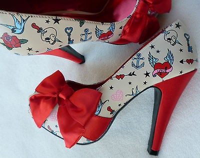 Tattoo 4 1/2 High Heels Open Toe Platform Cream Pump Red Satin Bow 