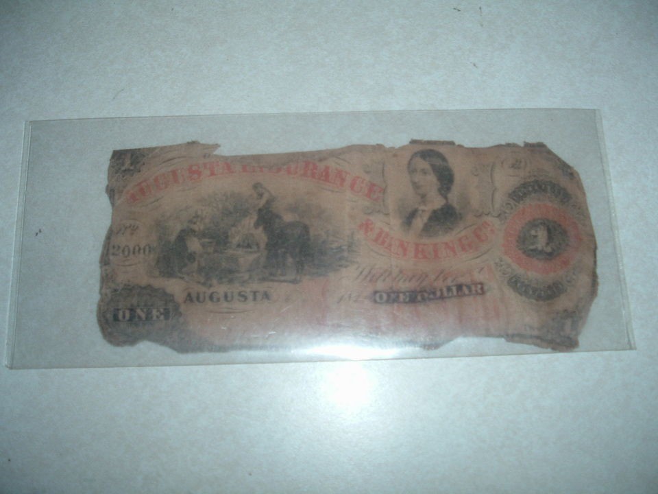   CIVIL WAR MILITARY CONFEDERATE PAPER NOTE ONE DOLLAR AUGUSTA INSURANCE