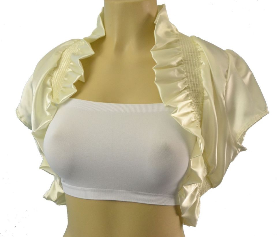 Silky Satin Ruffle Crop Cut Off Short Sleeve Bolero Shrug Vest Wedding 