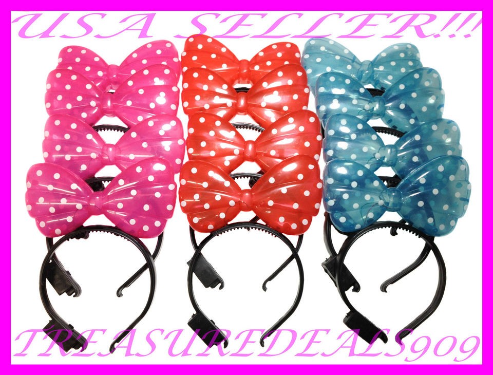 12 PCS MINNIE MICKEY MOUSE BOWS LIGHT UP POLKA DOTS HEADBANDS MULTI 