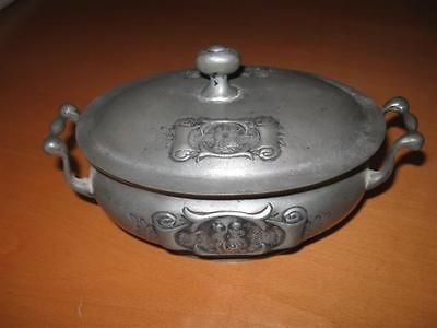 VTG Etain Zinn Europe 95% Pewter Embossed Oval Eliptic Bowl w Lid 