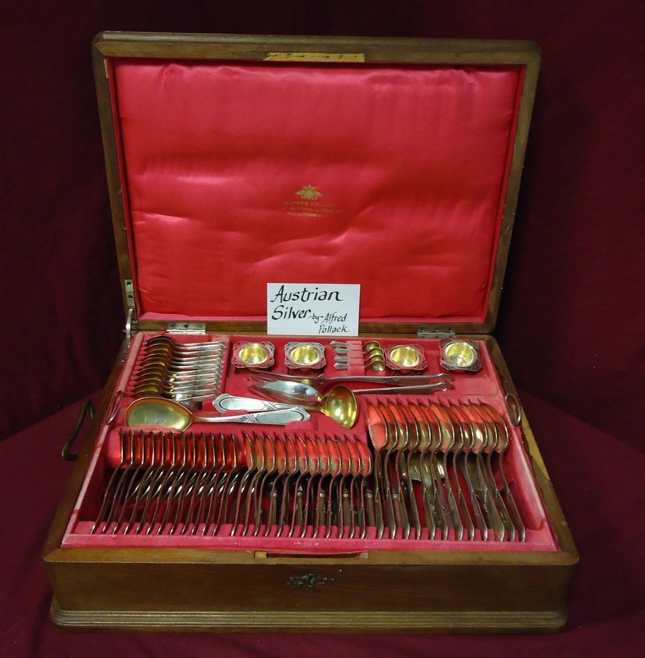 AUSTRIAN 800 ALFRED POLLACK SILVER FLATWARE SET SERVICE FITTED BOX 115 