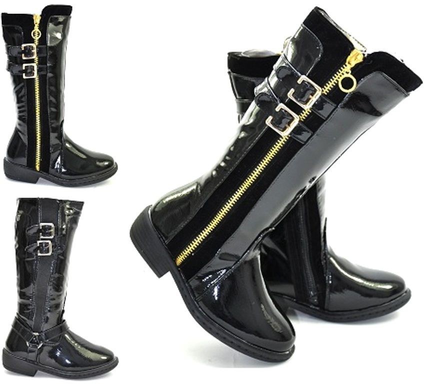 NEW GIRLS KIDS BLACK ZIPPER BELTS CUBAN HEELS BABY KNEE HIGH BOOTS 