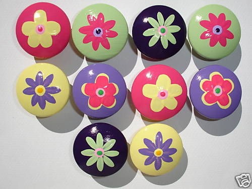 10 GIRLS BRIGHT COLOR FLOWER DRESSER DRAWER KNOBS