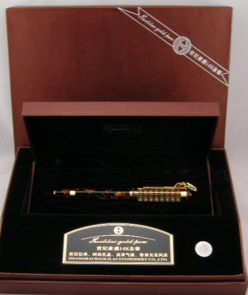 Haolilai Gold Filigree & Tortoise Marble Fountain Pen   14kt Nib   New