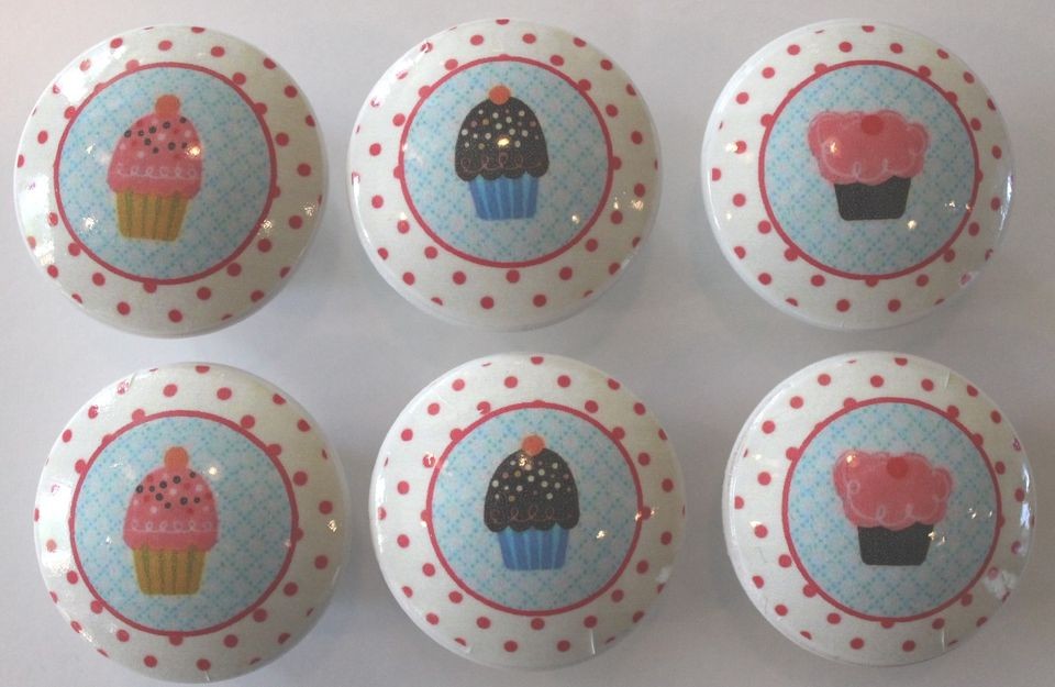girls cupcake dresser knobs pink blue brown polka dot
