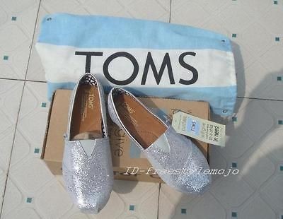 CLASSIC TOMS WOMENS SLIP ON SHOES SILVER GLITTER