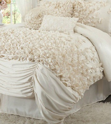 French Charmeuse Comforter Set & Bedskirt Queen Size Ivory Chic Faux 