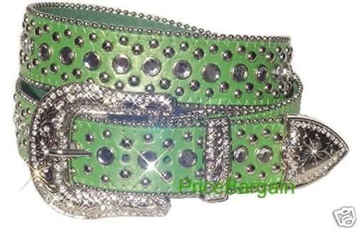 New Women Western Rhinestone Bling Crystal Stud Buckle Green Leather 