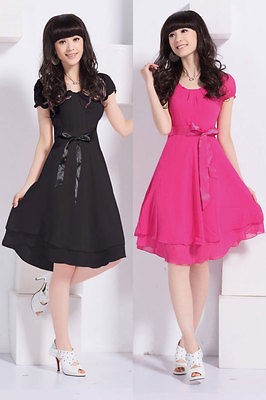 HotNew Lady Style Tiered Sleeve Chiffon Knee Length Pleated Slim Waist 