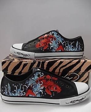 NIB ED HARDY Lowrise Womens SZ 9 Leather Black Koi Sneakers Shoes 